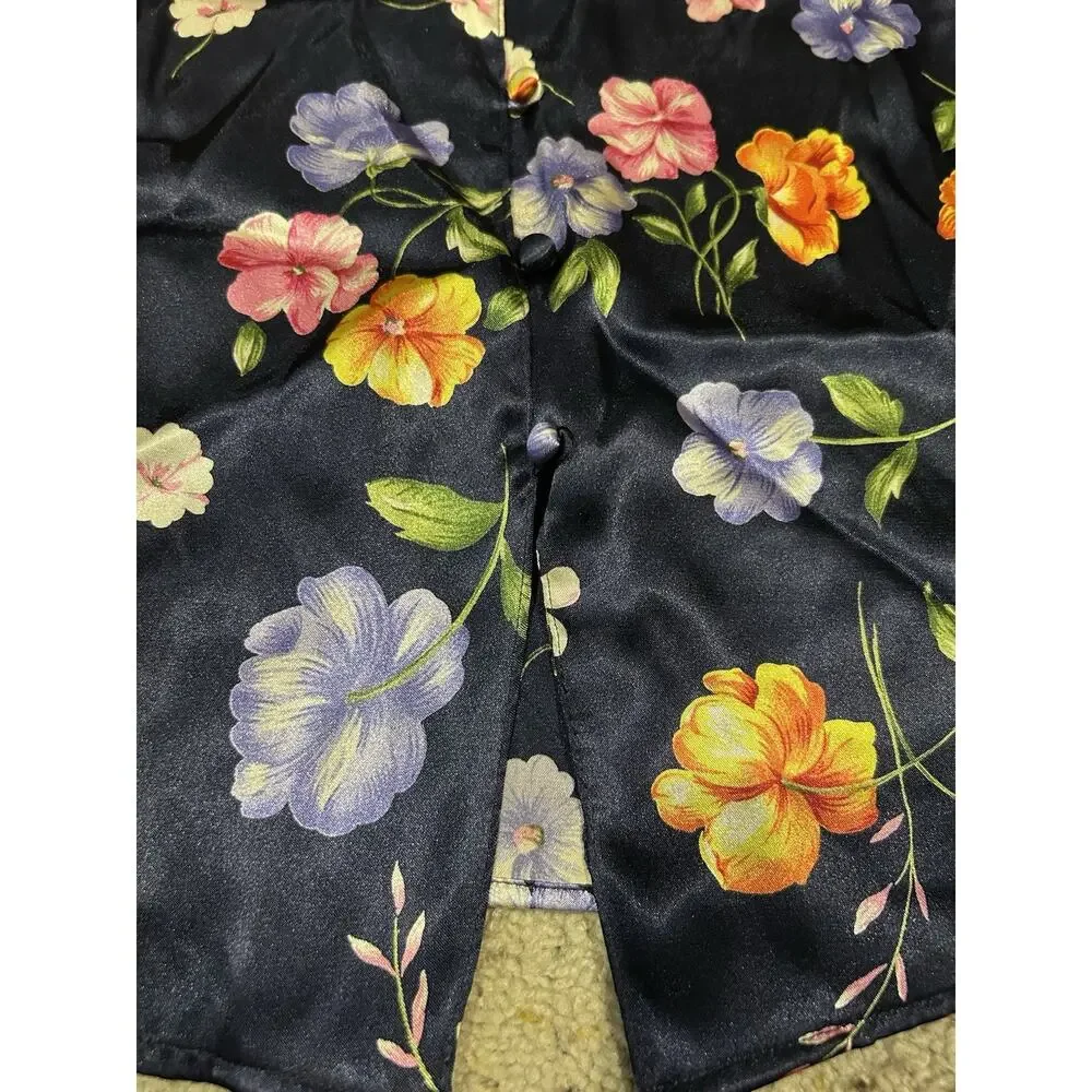 VTG Honors Intimates XL Pajama SET Top Sleep Shorts Silky Satin Navy Floral E25